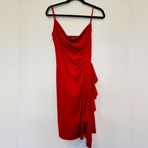 Bisou Bisou Red Cowl Neck Ruffle Midi Dress Spaghetti Strap Size 4